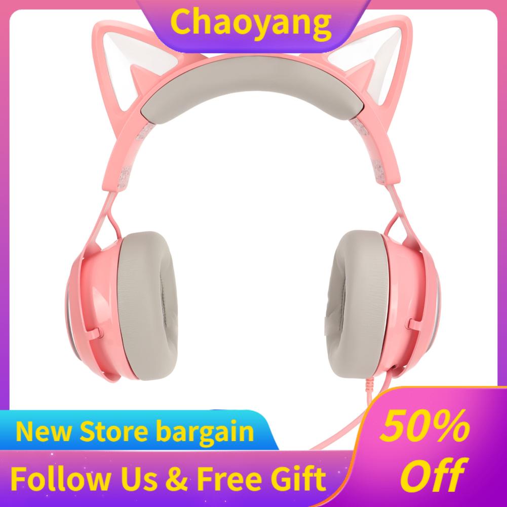 Chaoyangmall SOMIC Gaming Headset Cat Ear PC Headphones 7.1USB Luminous with Retractable Mic Pink