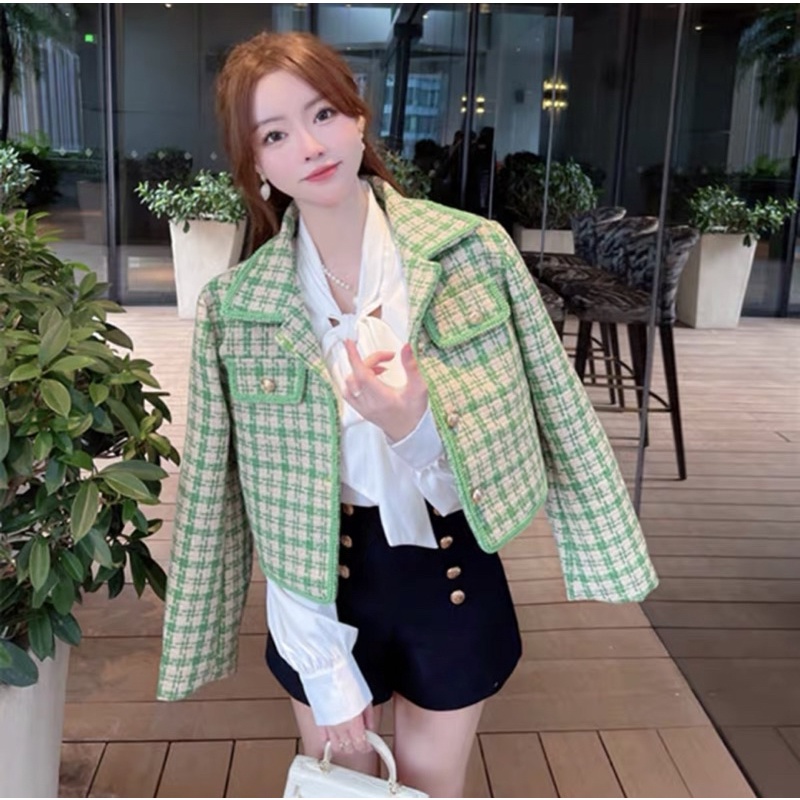 Áo Dạ Tweed Dáng Lửng Cổ Bẻ Kẻ Caro Phối Màu Siêu Xinh_ Hàng Order QCCC