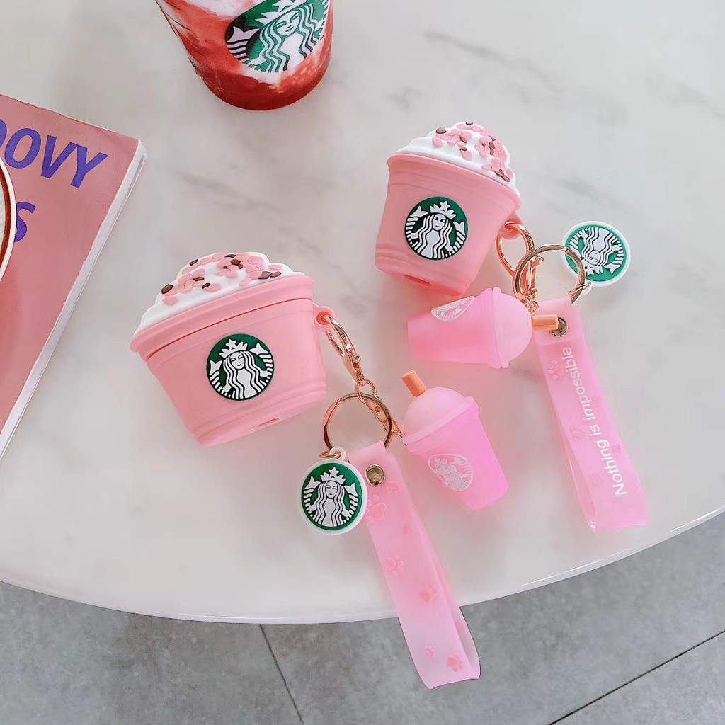 Vỏ silicon bảo vệ hộp sạc tai nghe Airpods Pro hình ly nước Starbucks in hình hoa anh đào