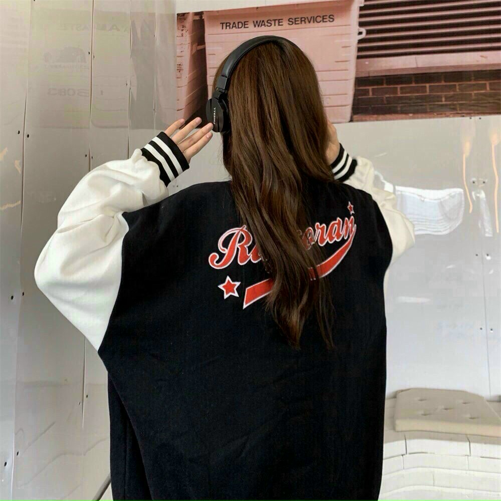 [8.8 Sales Freeship] Áo khoác bomber from rộng unisex, áo khoác dù màu đen in chữ R phối tay trắng in sau lưng cá tính