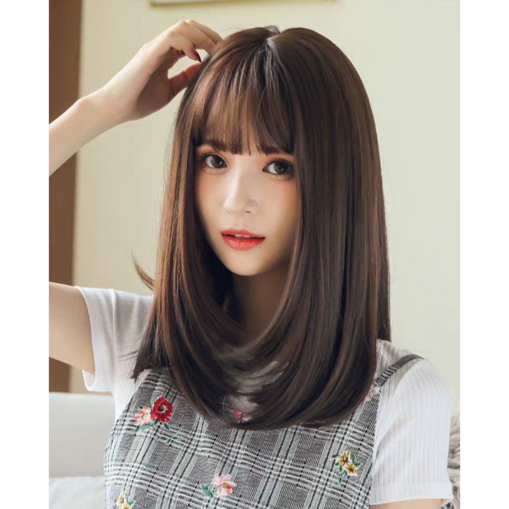 Tóc giả nữ nguyên đầu cup vai, tóc giả bộ cả đầu mái thưa thẳng