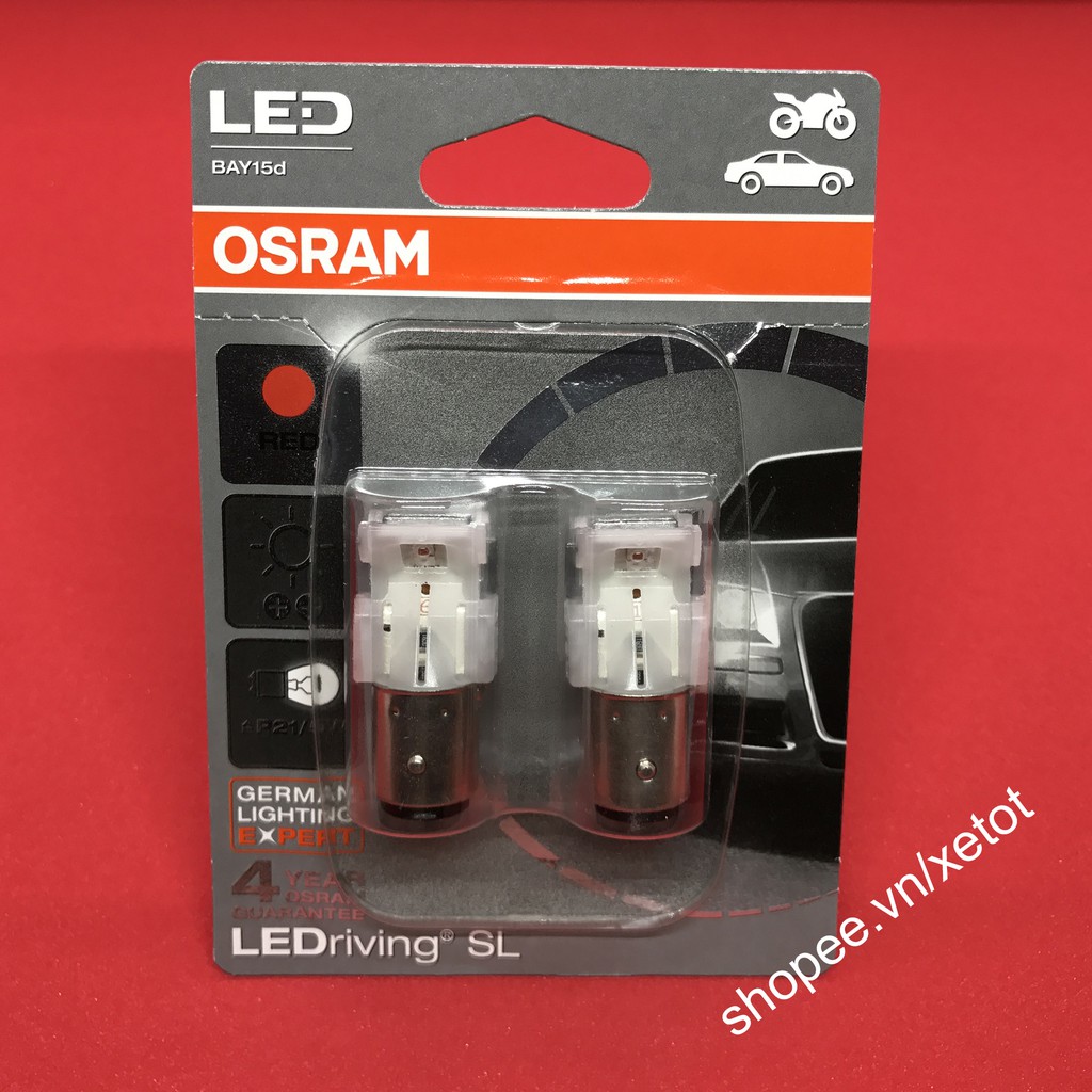 Bóng đèn hậu LED chân P21/5W màu đỏ Osram, đèn lái (demi + phanh) siêu sáng và tiết kiệm điện cho ô tô xe máy