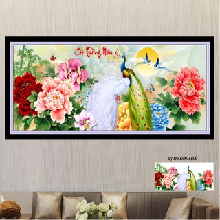 Tranh đính đá Chim công và Hoa mẫu đơn - Cát tường như ý - Tặng Bút đính đá 9 hạt và sáp