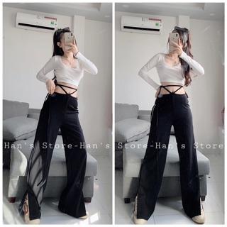 [clip thật] Quần ống rộng có dây cột eo sexy