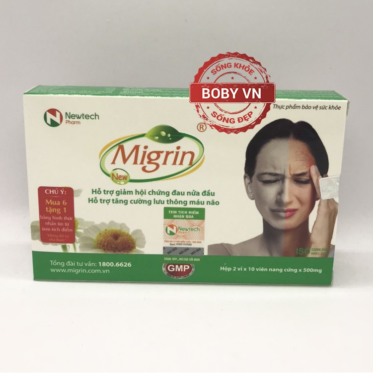 Migrin New giảm hội chứng đau nửa đầu, rối loại tiền đình, tăng cường lưu thông máu não - Hộp 2 vỉ x 10 viên