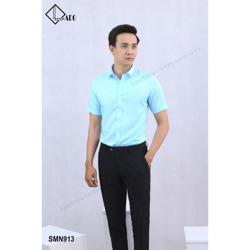 Áo sơ mi trơn ngắn tay màu xanh ngọc co dãn nhẹ LADO 913