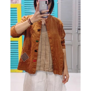 Áo linen túi đắp nút màu chất liệu thoáng mát phong cách Nhật
