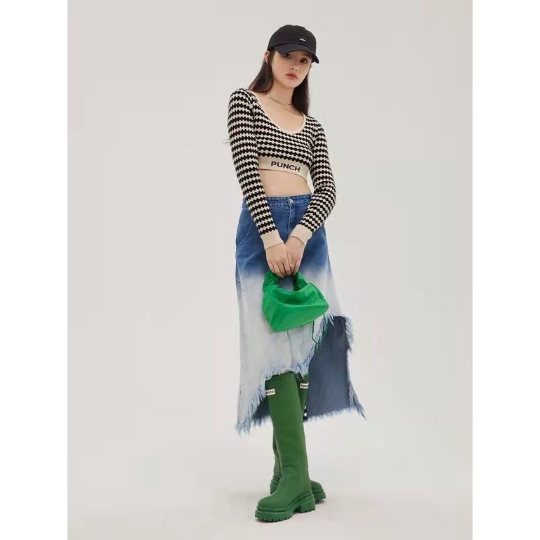 Áo Croptop Dệt Kim Tay Dài Hoạ Tiết Kẻ Sọc Thiết Kế Ngọt Ngào