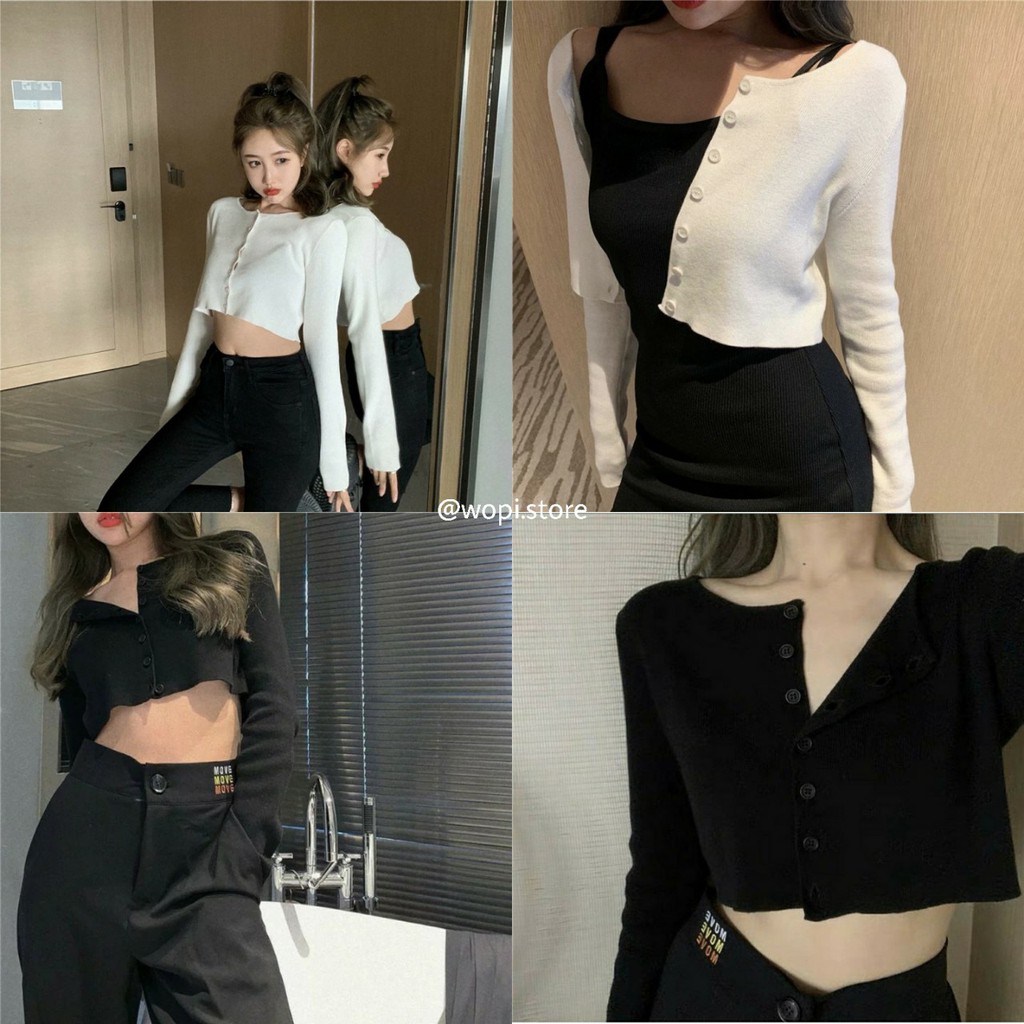 Áo Croptop Cổ Tim Tay Dài YAN Phối Khuy Unisex (Trắng/Đen)