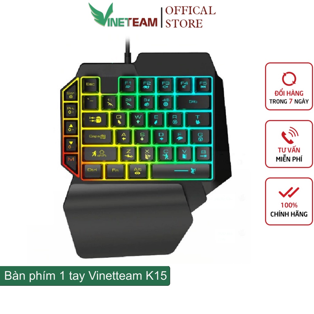 Vinetteam FREE WOLF K15 | Bàn phím giả cơ 1 tay chơi game Pubg Mobile, Free Fire trên điện thoại, máy tính bảng, Laptop