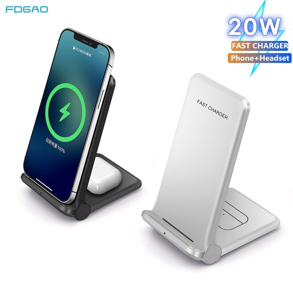 Đế sạc không dây Qi 20W thiết kế 2 trong 1 cho Samsung S10 S20 S21 Iphone 12 11 Xs Xr X 8 Airpods Pro