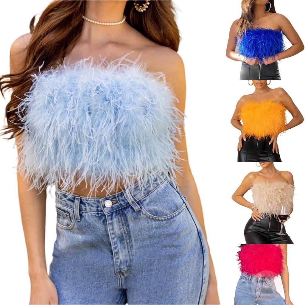 Áo Ống Hở Lưng Dáng Ôm Không Tay Phối Lông Màu Trơn Thời Trang Cho Nữ