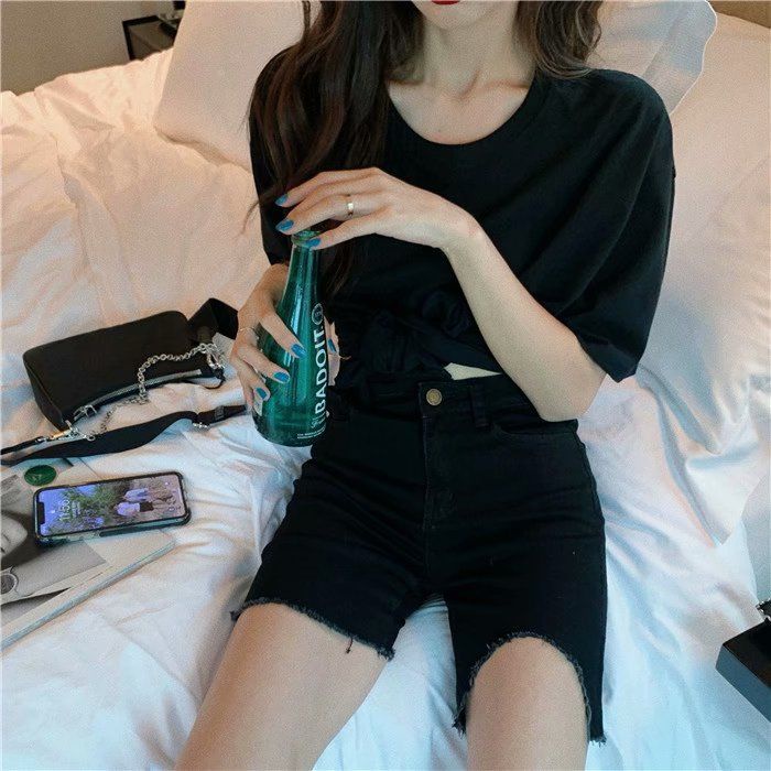 Quần short denim lưng cao ống suông phối rách thời trang mùa hè dành cho nữ