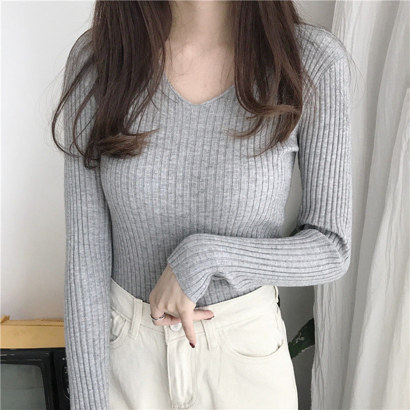 Áo sweater mỏng tay dài cổ chữ V co giãn dáng ôm vải sợi 28 lõi