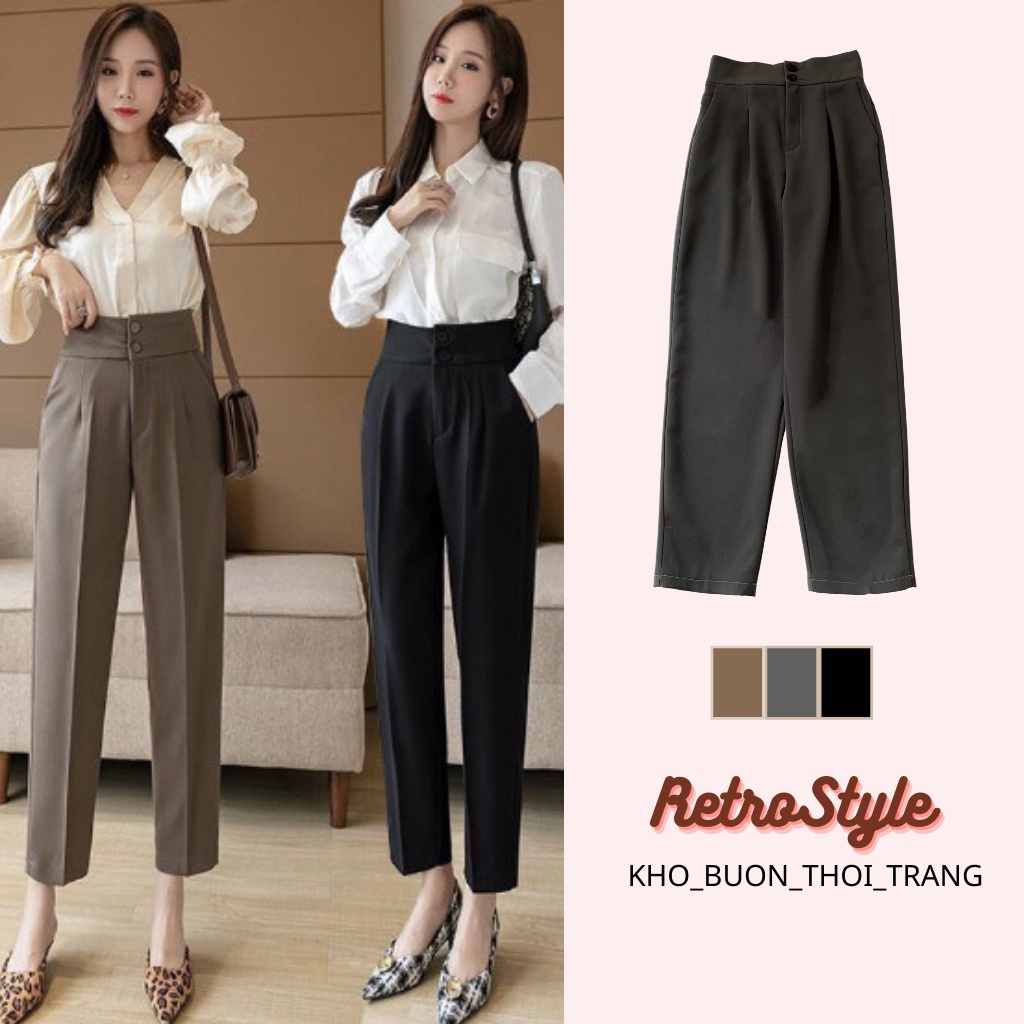 Quần baggy công sở nữ 2 cúc lưng cao
