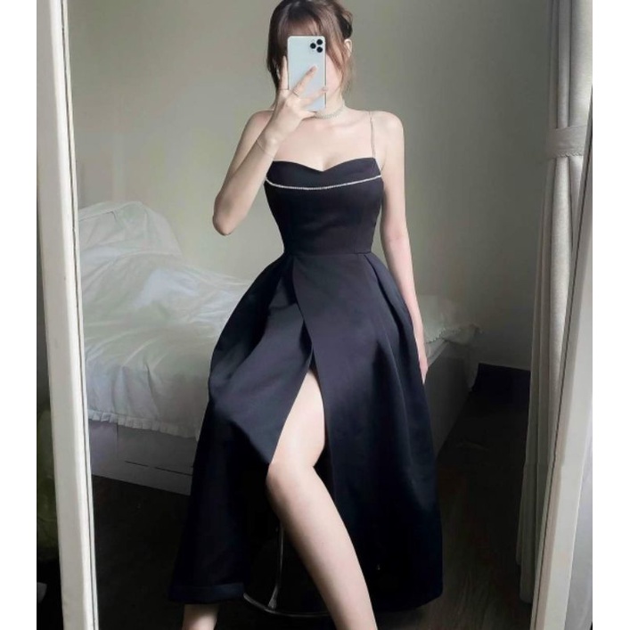Đầm midi đen 2 dây đính đá xẻ tà