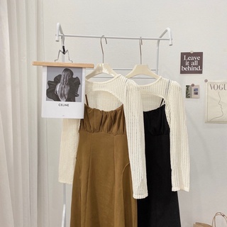 V5580 Váy nhung hai dây midi kèm áo croptop lưới dài tay AUDREY