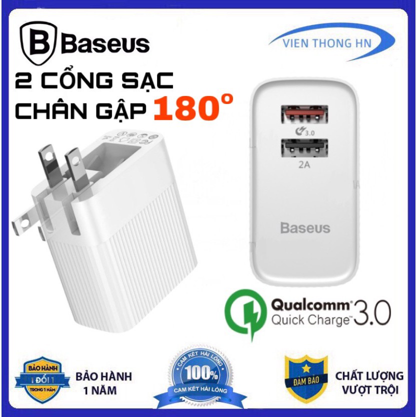 Củ sạc nhanh Baseus 2 cổng 3A QC3.0 và 2.4A - cốc sạc chân gập quick charge 3.0 chống cháy nổ