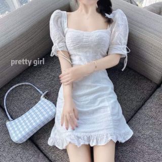 (Order) Váy trắng cổ vuông Quảng Châu / Đầm tay nơ