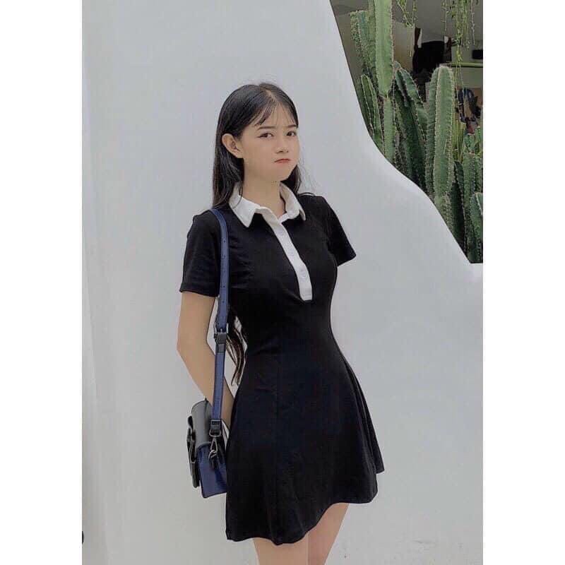 Đầm Polo Nữ Đen Xòe Dáng Ôm 🦋 Váy Polo Nữ Cổ Phối Trắng Chất Borip Dáng Chữ A Ngắn Body 🦋