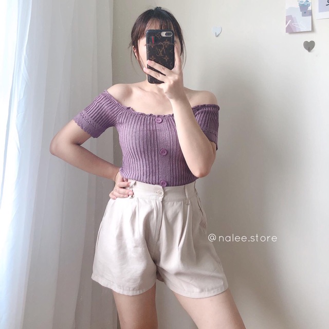 Áo trễ vai len khuy