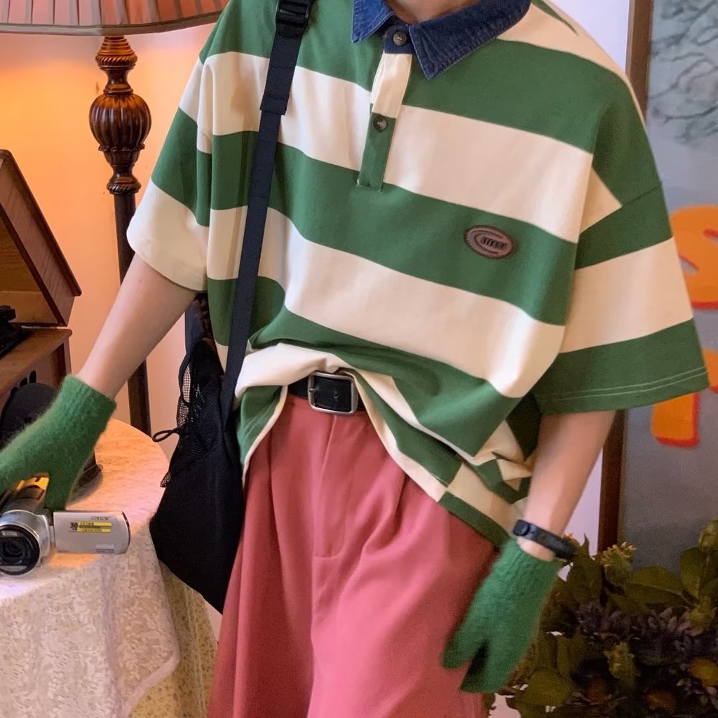 Áo Thun polo Kẻ Sọc Tay Ngắn Dáng Rộng Thoáng Khí Thời Trang Mùa Hè Cho Nam