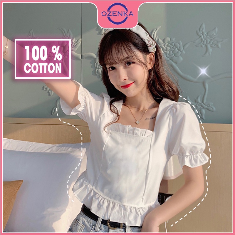 Áo croptop nữ rộng kiểu Hàn Quốc tay phồng  viền bánh bèo OZENKA chất thun gân 100% cotton  màu đen trắng dưới 50 kg