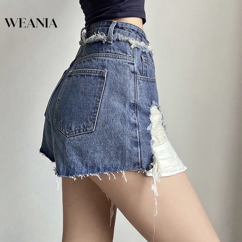 Quần Sọt Denim Lưng Cao Thiết Kế Rách Cá Tính