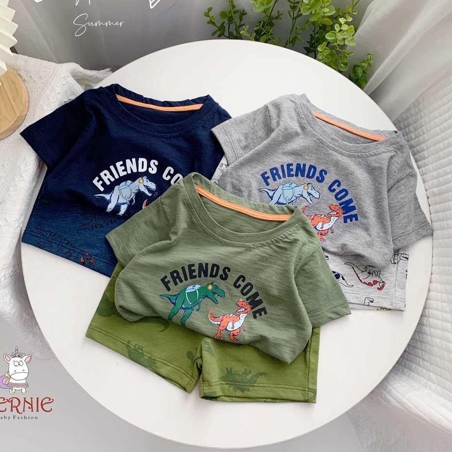 Set bộ bé trai cộc tay hoạ tiết khủng long, bộ quần áo bé trai chất liệu 100% cotton mềm mịn co giãn thoải mái