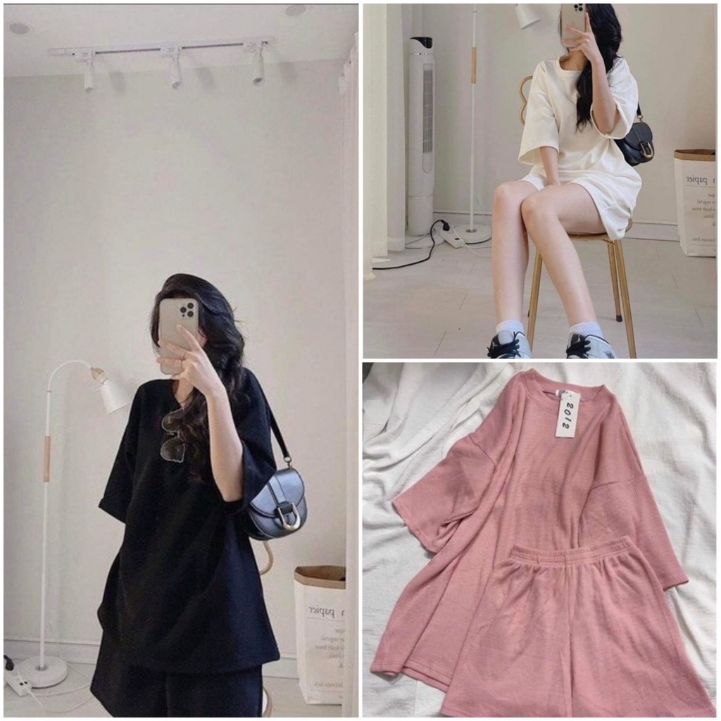 set bộ đồ nữ mặc nhà, bộ đùi nữ áo tay lỡ trơn mùa hè phom rộng
