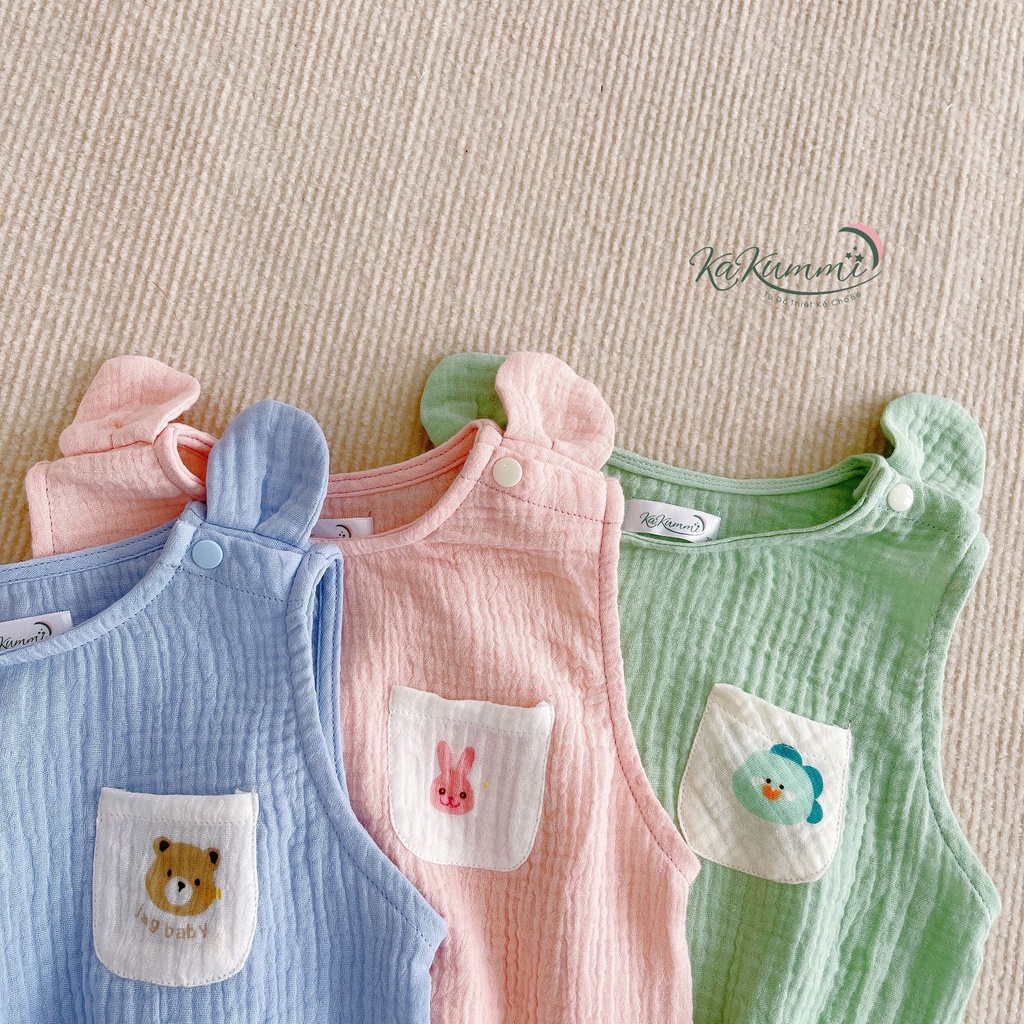Set quần áo sát nách tai gấu  chất liệu xô muslin Kakummi