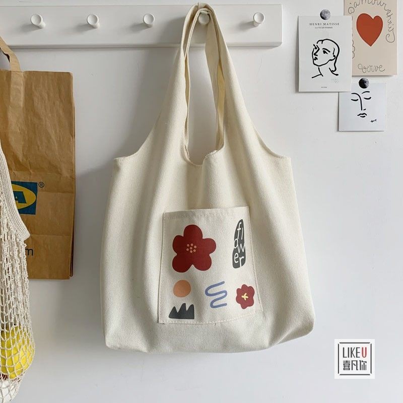 Túi đeo vai vải canvas liền thân có ngăn ngoài hoạ tiết hoa lá Giatot68 557