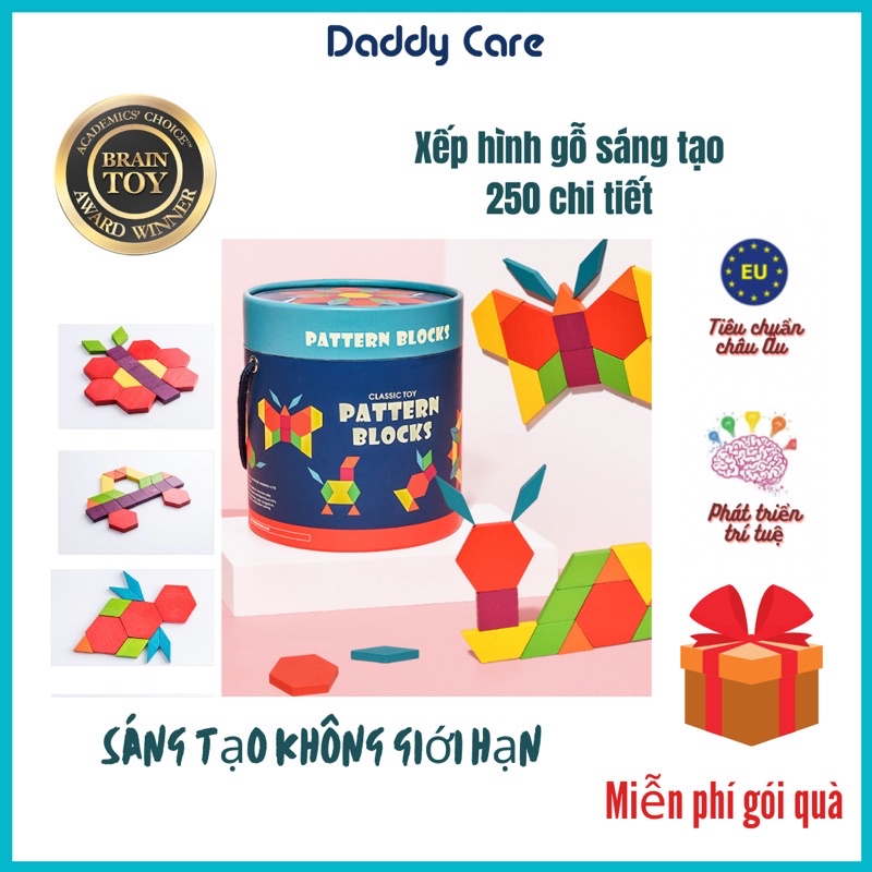 Đồ Chơi ghép Hình sáng tạo đồ chơi gỗ 250 chi tiết Mideer Pattern Blocks cho bé 3,4,5,6,7 tuổi