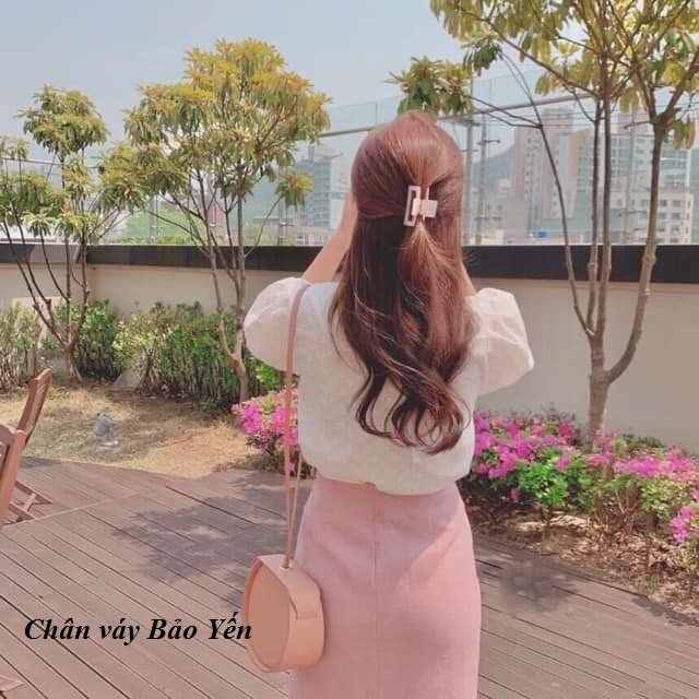 Chân váy dài xẻ sườn màu hồng phấn dài 70cm- M74