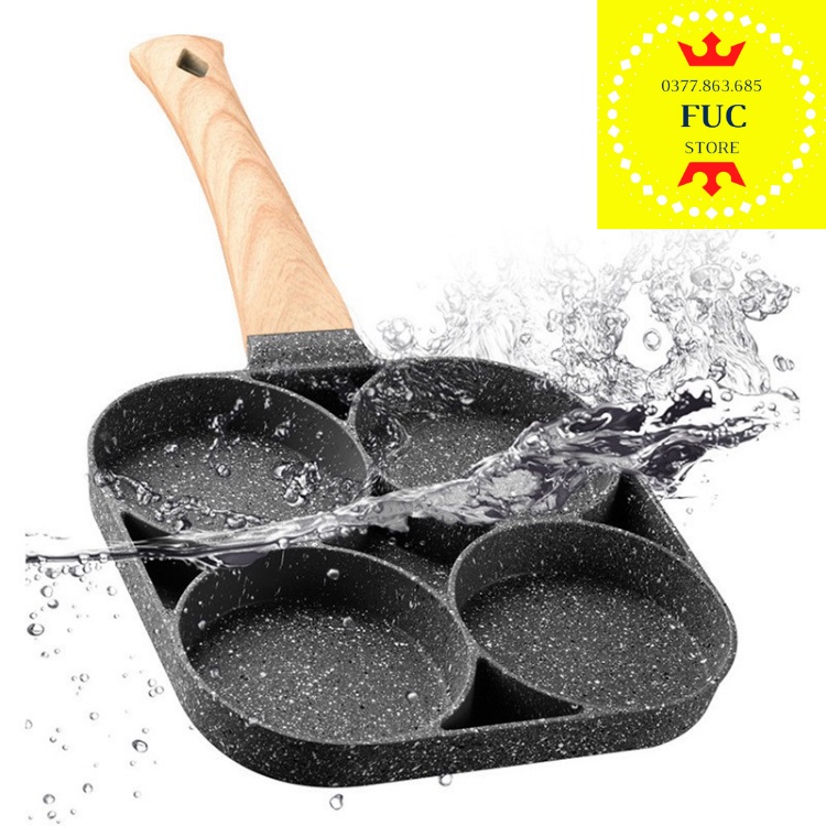 Chảo Chống Dính 4 Ngăn Chiên Trứng Làm Bánh, Tay Cầm Bằng Gỗ Sang Trọng - Bảo Hành 12 Tháng