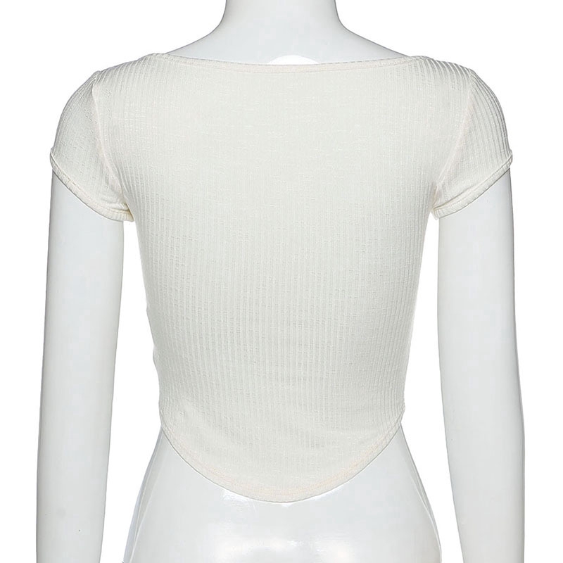 DUNEA Áo thun tay ngắn cổ U cài nút ngực dáng ôm màu trơn quyến rũ cho nữ