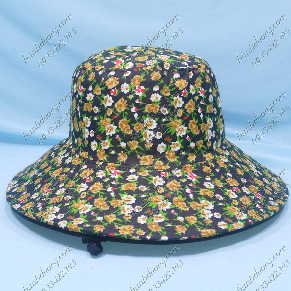Mũ tai bèo nữ rộng vành 8cm vải cotton họa tiết hoa nhỏ nón tai bèo nữ có dây quai phía dưới giúp giữ nón chặt hơn