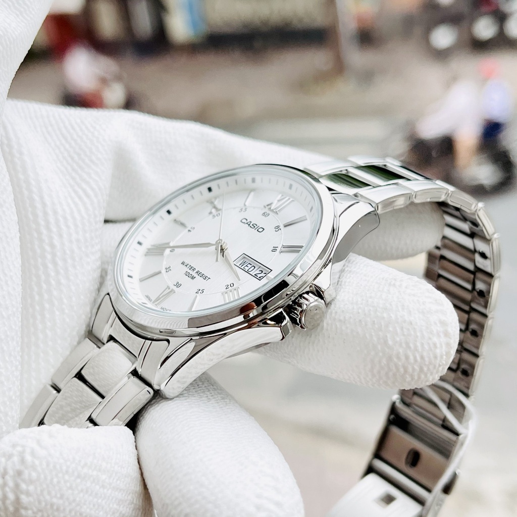 Đồng hồ Nam Casio MTP-1384D-7AV, đồng hồ chính hãng, dây bạc mặt trắng