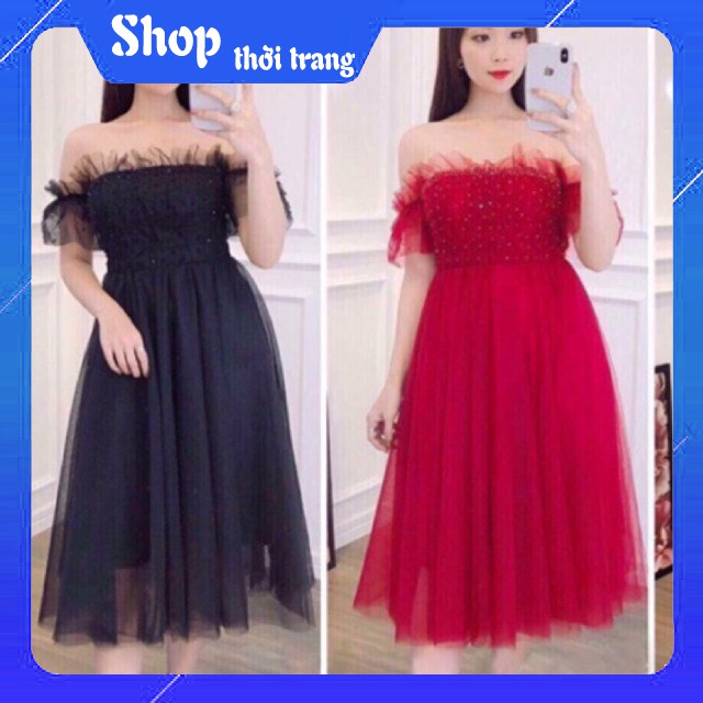 Đầm cúp ngực trễ vai đính hạt cao cấp(ảnh thật kèm clip)
