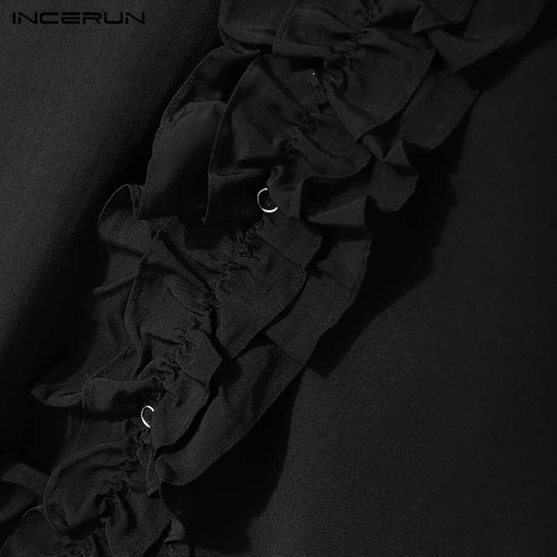 Áo sơ mi INCERUN tay dài phối bèo và nút phong cách Hàn Quốc thời trang cho nam