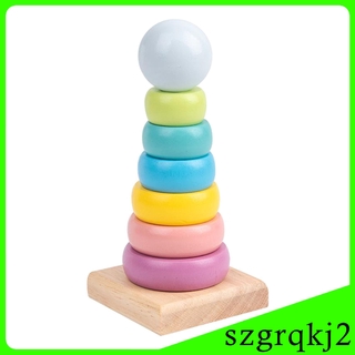 Newest Rainbow Tower Ring Wooden Stacking Stack Up Kid Baby Educational Montessori Toy