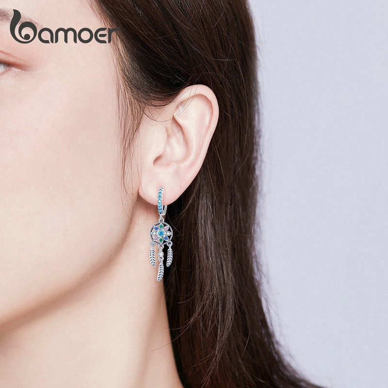 Khuyên Tai BAMOER Bằng Bạc 925 Thiết Kế Hình Dreamcatcher Thời Trang Cho Nữ
