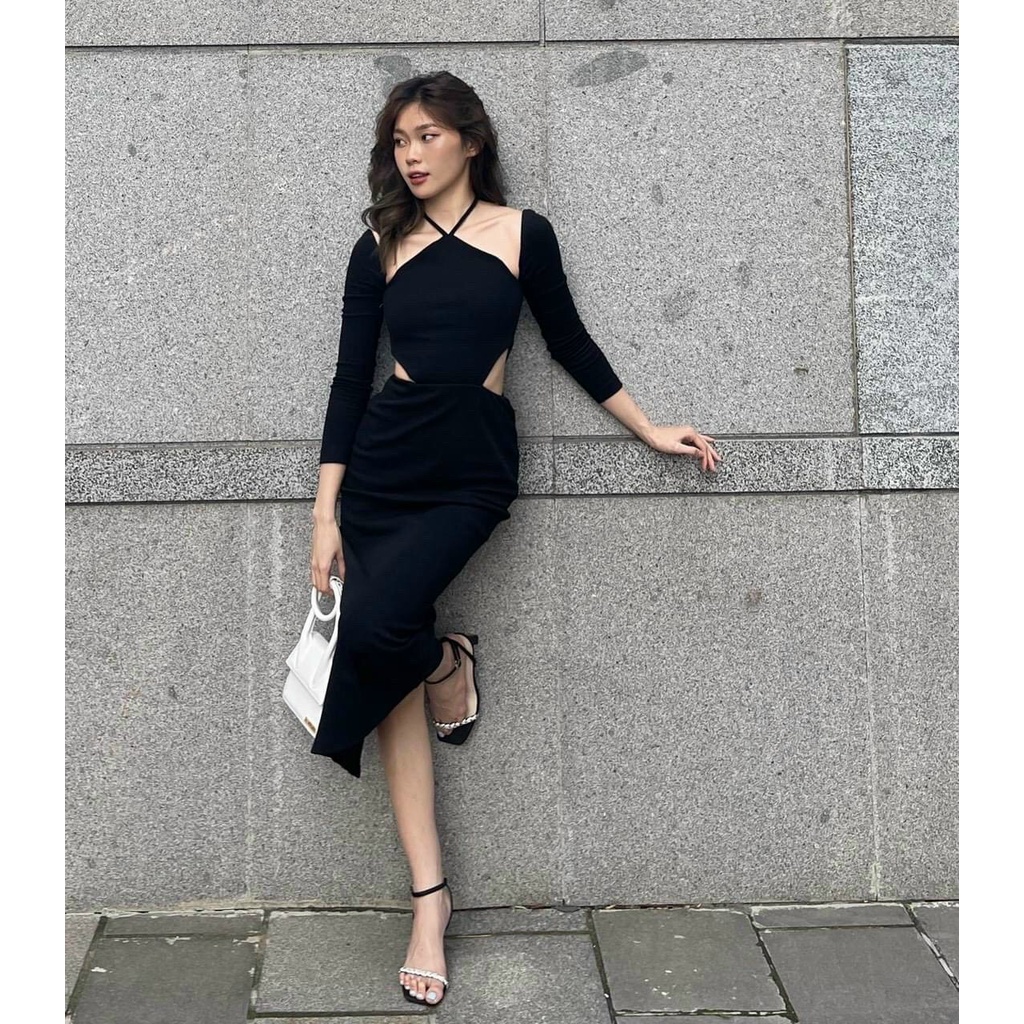 Đầm ôm body đen cutout khoét eo cổ yếm siêu xịn siêu se khoe eo váy đi bar dự tiệc dạo phố chụp ảnh Kawaii