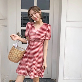 (order) Váy caro cổ v khuy ngực