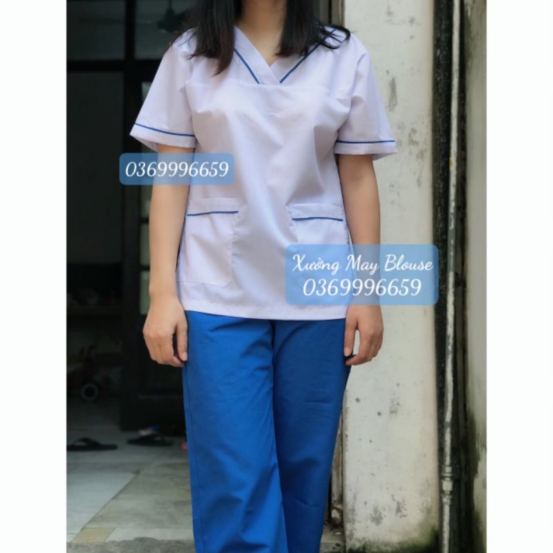 Bộ blouse cổ tim viền ( áo trắng, quần màu) nam nữ-Bộ scrubs blouse phẫu thuật cổ tim cao cấp nam nữ spa