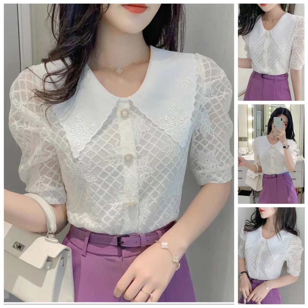 Áo Sơ Mi chiffon Ngắn Tay Phối Ren Thời Trang Mùa Hè Hàng Mới Dành Cho Nữ