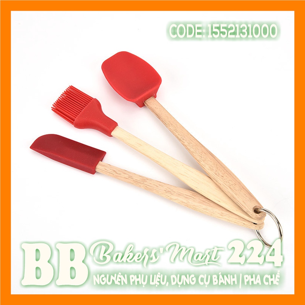 Combo bộ dụng cụ CÁN GỖ 3 món NHỎ: 01 Spatula vét, 01 Spatula muỗng, 01 chổi quét silicone (MÀU NGẪU NHIÊN) (TL3208)