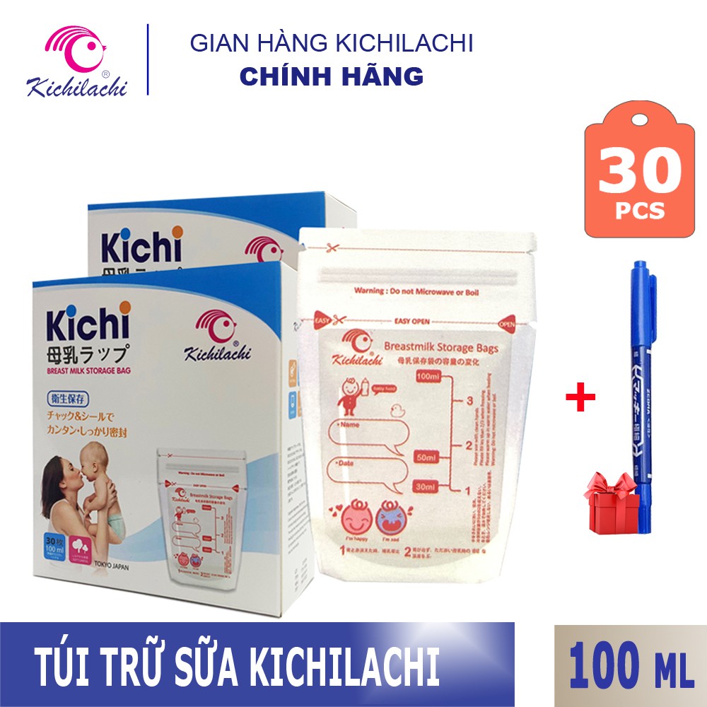 Túi trữ sữa Kichilachi 100ml, 2 khóa ziper(Hộp 30 túi,Tặng 1 bút/ đơn hàng)