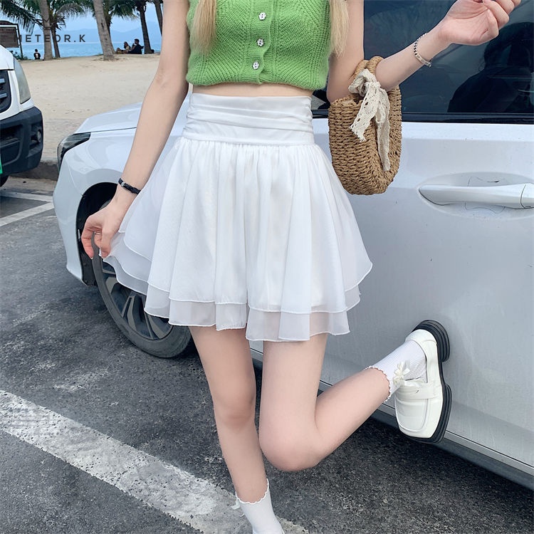 Skirt female white A-line skirt 2022 summer New High Waist Chiffon mini skirt pleated skirt