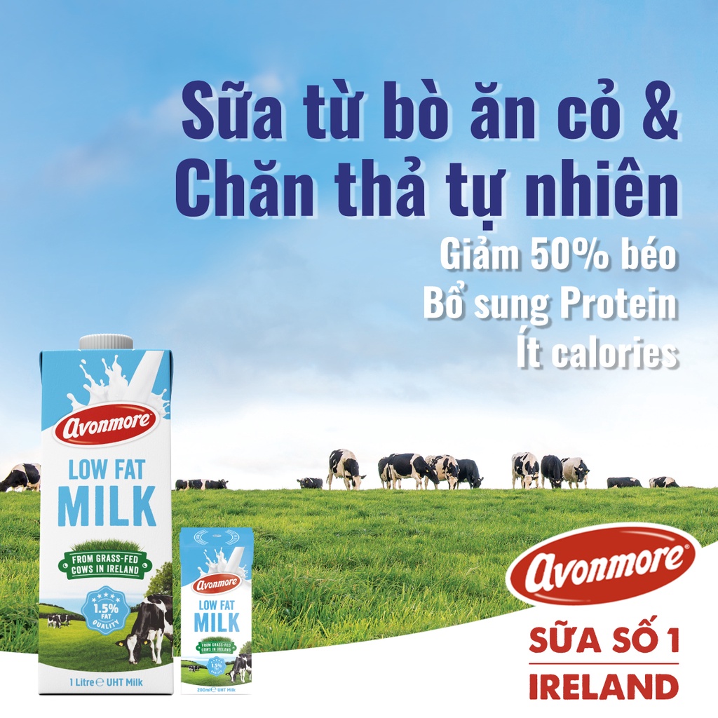 [Mã BMBAU50 giảm 7% đơn 99K] Combo 2 hộp Sữa tươi ít béo tiệt trùng (không đường) Avonmore UHT Low Fat Milk 1L/HỘP